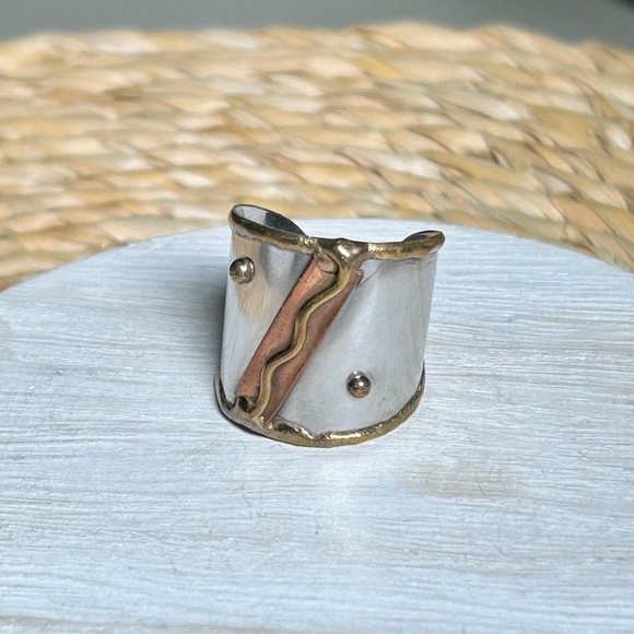 Geometric Mixed-Metal Hand Made Ring, stainless steel with copper and brass - Picture 1 of 12